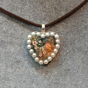 Handcrafted Heart Pendant Necklace with Pearl Trim - Brown and Multicolor